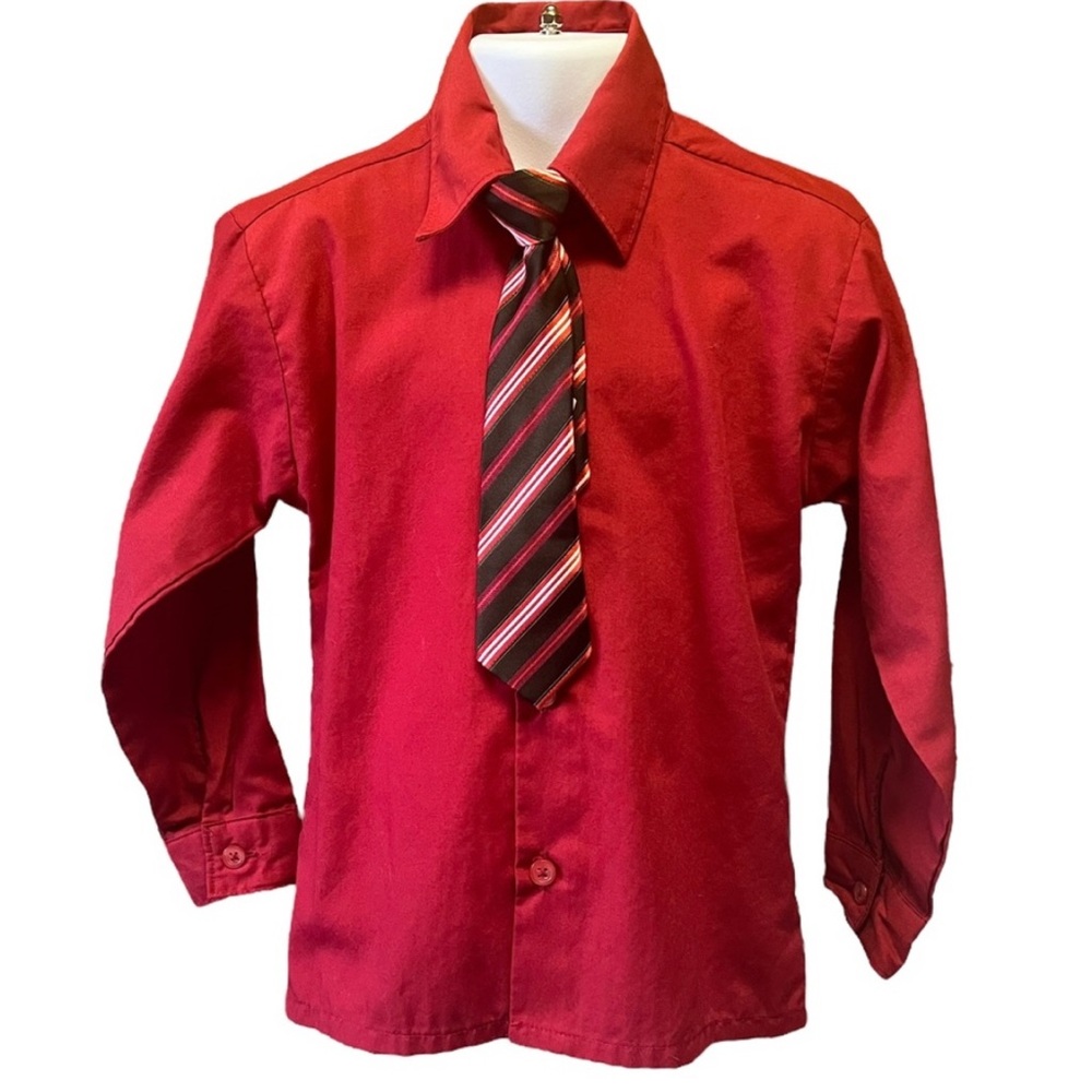 Holidays Gabriel Boys Toddlers Red Button Dress Shirt w/ Clip-On Tie Up W/Tie